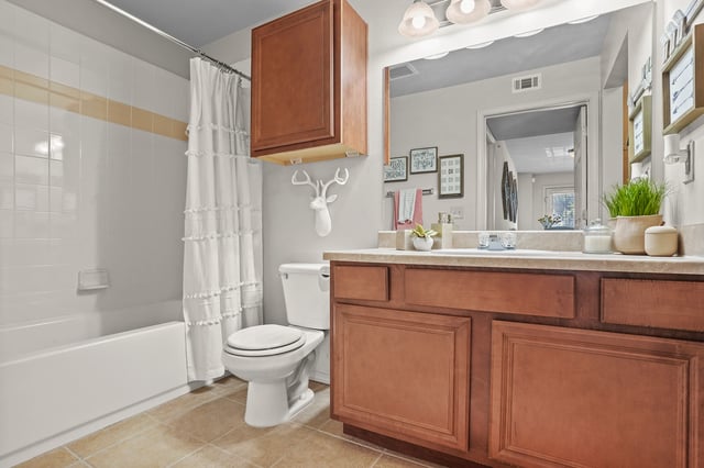 Bathroom with toilet, bathtub, vanity, and mirror