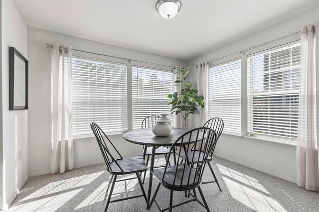 Dining area with a round table and four chairs, large windows with blinds, and a potted plant.