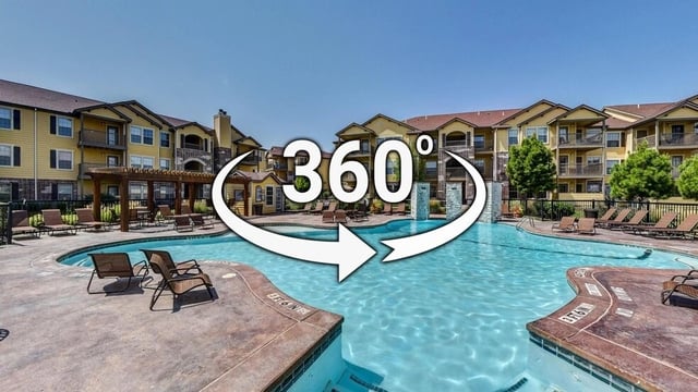 360 virtual tour of community pool and apartment buildings.