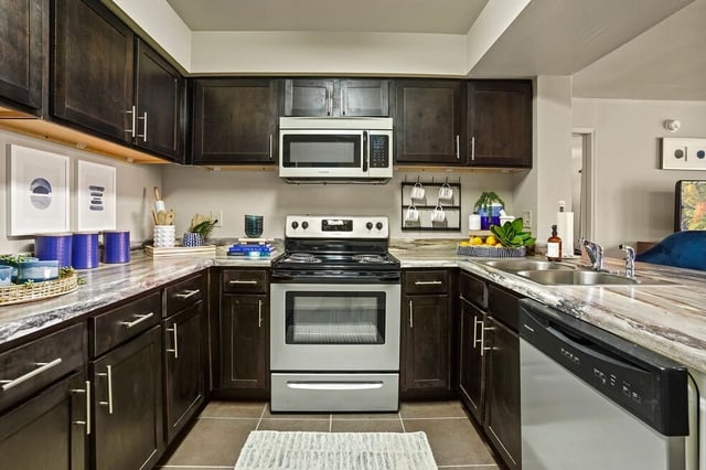 Modern kitchen with dark wood cabinets, granite countertops, stainless steel appliances, and a dishwasher.