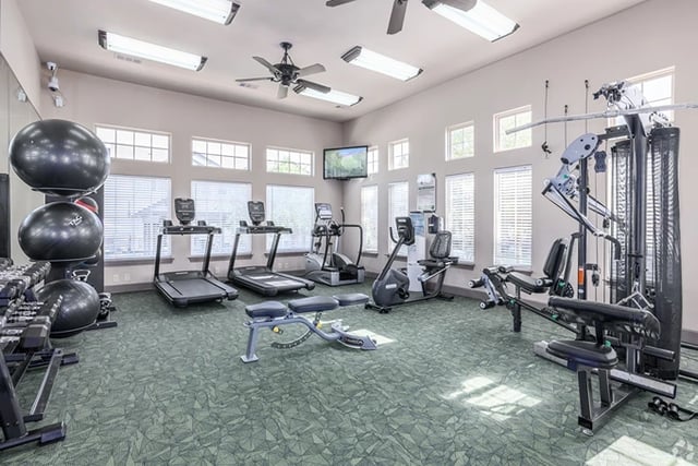 Bright fitness center with treadmills, ellipticals, weight machines, and free weights.