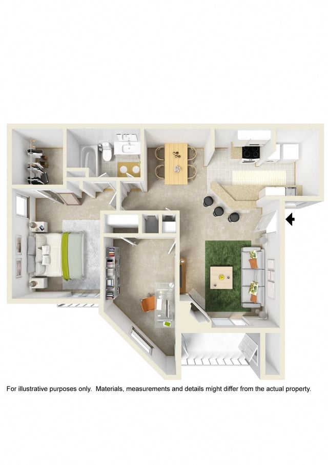 1 Bed 1 Bath w/ Study floor plan