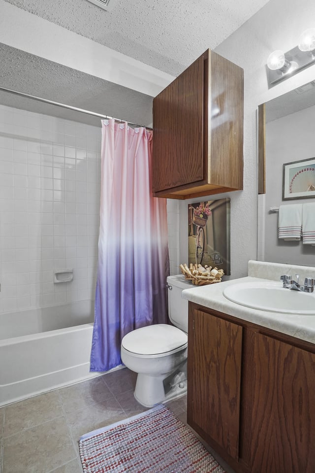 Bathroom with toilet, sink, shower, and vanity.
