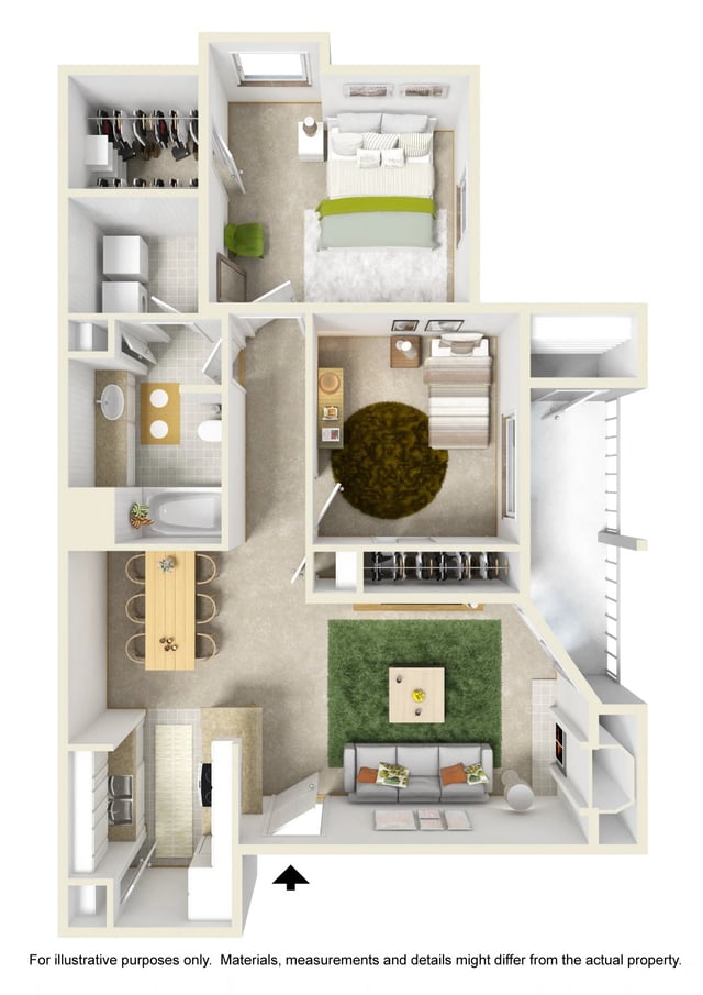 Large Two Bed One Bath floor plan