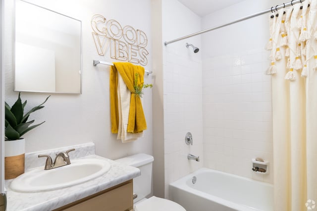 Bright bathroom with a vanity, toilet, and bathtub with shower.
