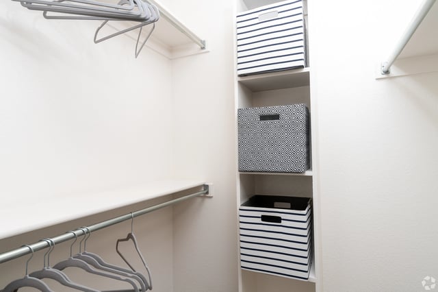 Closet with hanging clothes and storage bins