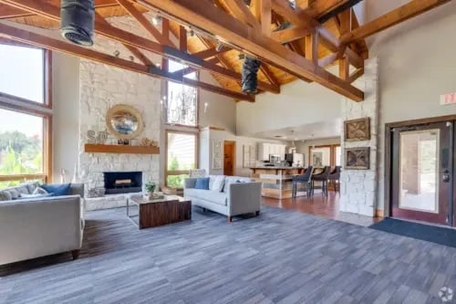 Lobby with fireplace and seating areas