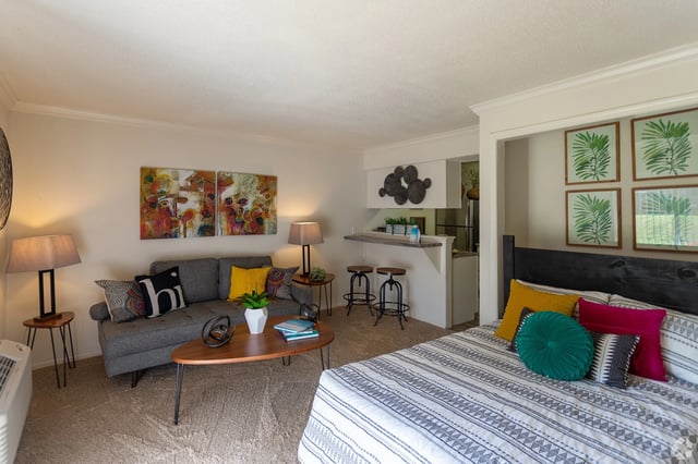 Spacious studio apartment living and sleeping area with sofa, coffee table, bed, and kitchen bar.