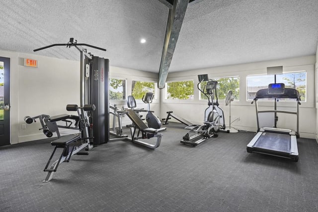 Indoor apartment gym with treadmill, elliptical, weights, and windows along the wall.