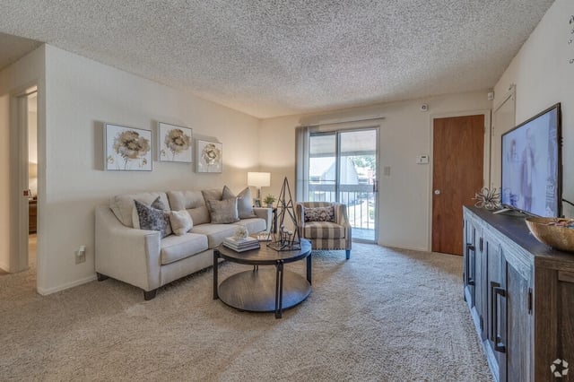 Living room with a sofa, armchair, coffee table, and TV.