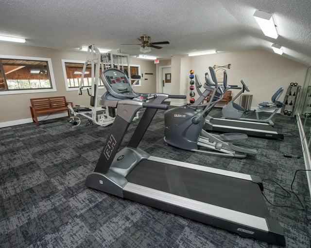 Fitness center with treadmills, elliptical machines, a weight machine, and a bench.