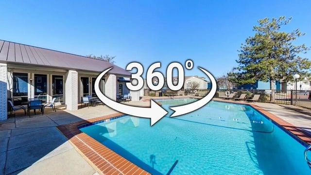 360 virtual tour of the outdoor swimming pool area with lounge chairs and seating