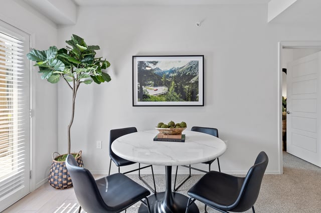 Dining area with a marble-top table, four black chairs, and a large potted plant.