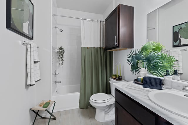 Modern bathroom with a bathtub, shower, toilet, and vanity with marble countertop.