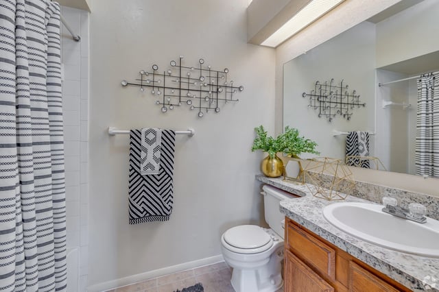 Modern bathroom with a black and white striped shower curtain, a decorative wall art, and a vanity with a granite countertop.