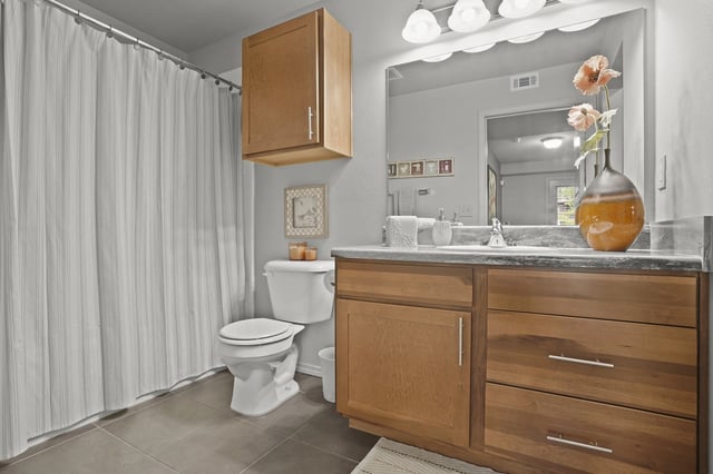 Modern bathroom with vanity, toilet, and shower with curtain.