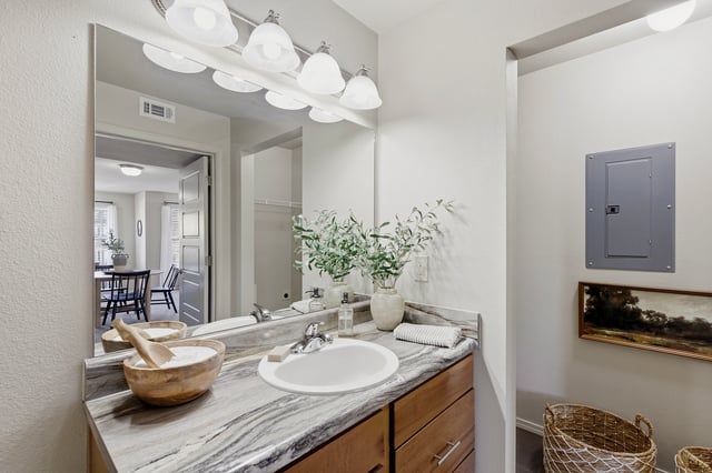 Modern bathroom vanity with marble countertop, white sink, and decorative greenery.
