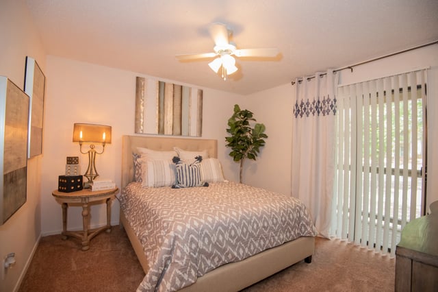 A bedroom with a bed, a table, a plant, and a ceiling fan.