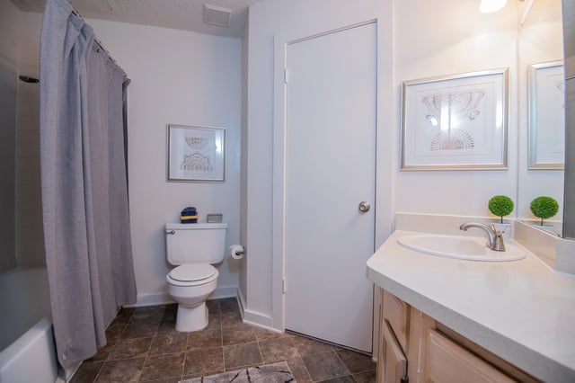 A bathroom with a toilet, sink, and mirror.