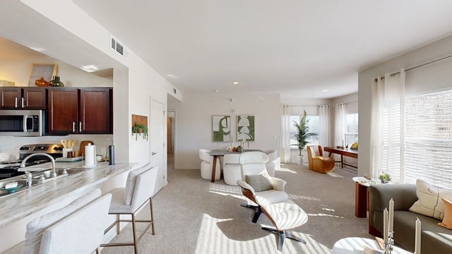 Open concept living area with kitchen, dining, and lounge spaces.