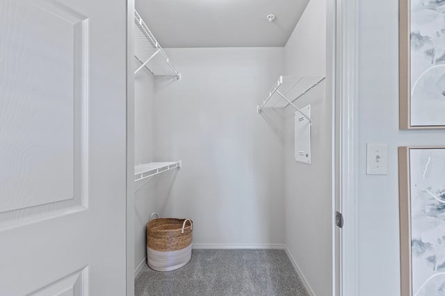 A small white closet with a basket on the floor.