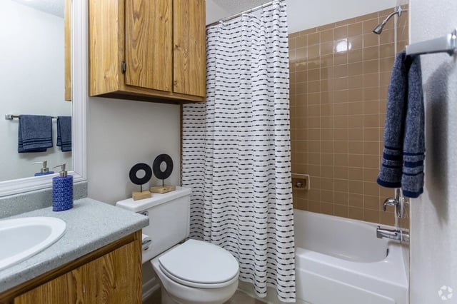 Bathroom with a sink, toilet, and shower/tub combo with a patterned curtain.