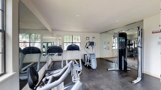 Gym with treadmills, elliptical, and weight machines, featuring mirrored walls and large windows.