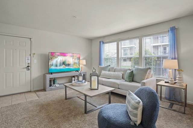 Living room with a sofa, coffee table, armchair, and TV.