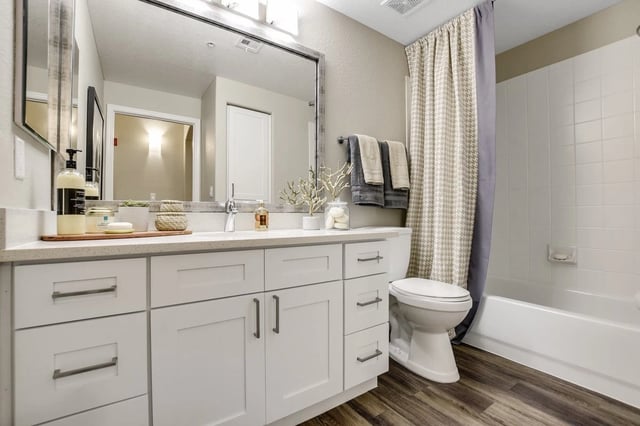 Modern bathroom with double vanity, large mirror, and bathtub with shower.