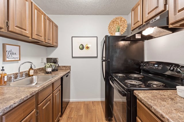 Apartment kitchen with upper and lower wood cabinets, a double sink, and black appliances.