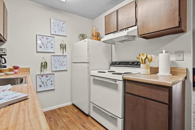Kitchen with white refrigerator, stove, and cabinets.