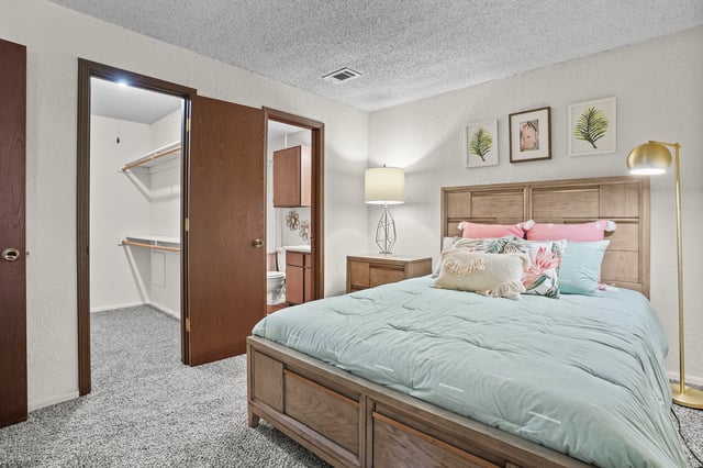 Bedroom with a king-size bed, a closet, and a bathroom.