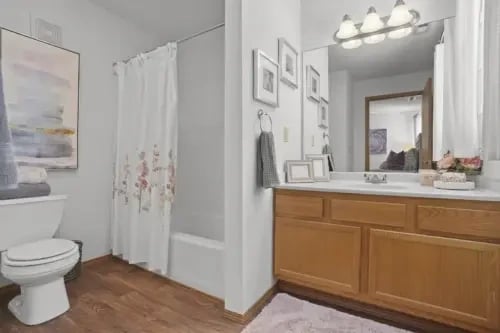 Modern bathroom with a wooden vanity, large mirror, toilet, and bathtub with shower curtain.