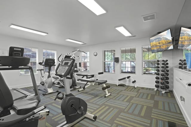 Fitness center with cardio machines, free weights, and a TV.