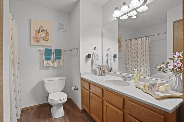 A bathroom with a toilet, sink, mirror, and a painting on the wall.