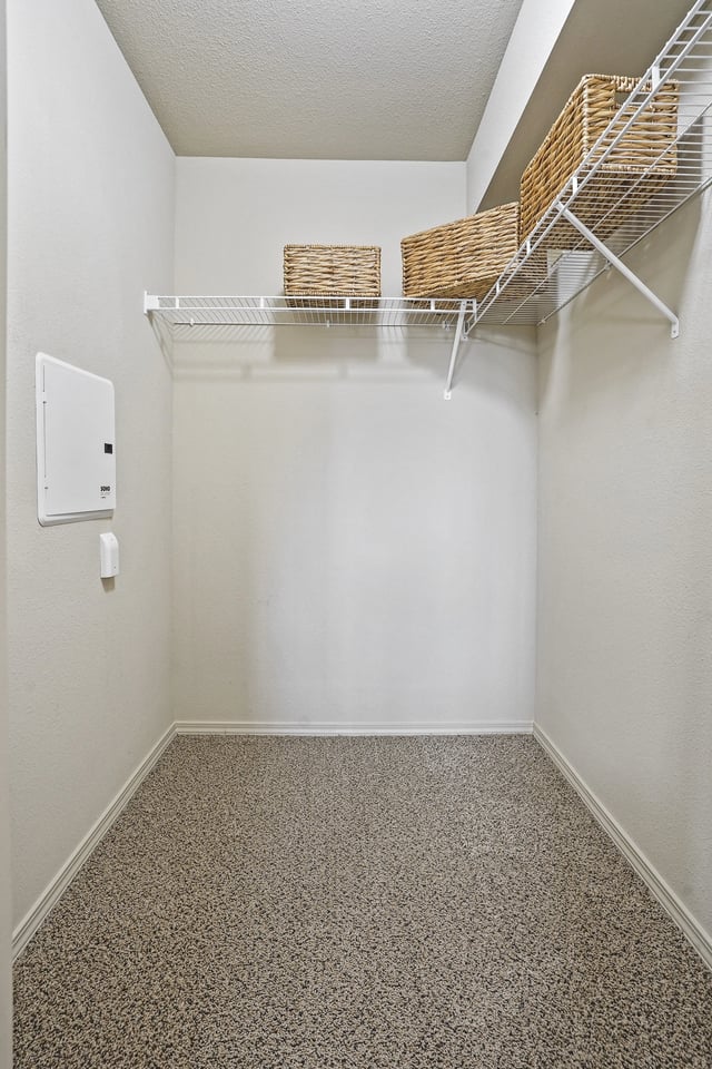 Empty walk-in closet with wire shelving and baskets