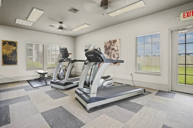 Treadmills and a weight bench in the fitness center.