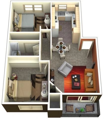 2 Bed 1 Bath floor plan