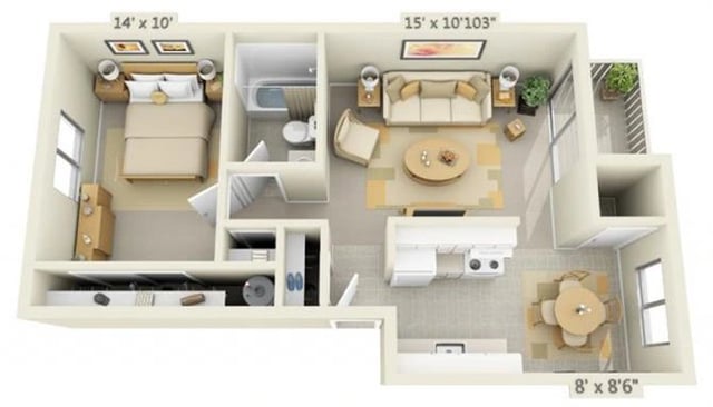 1 Bedroom 1 Bath floor plan