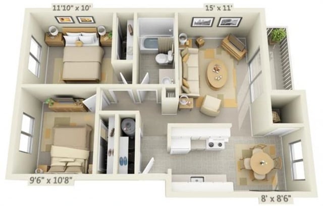 2 Bedroom 1 Bath floor plan
