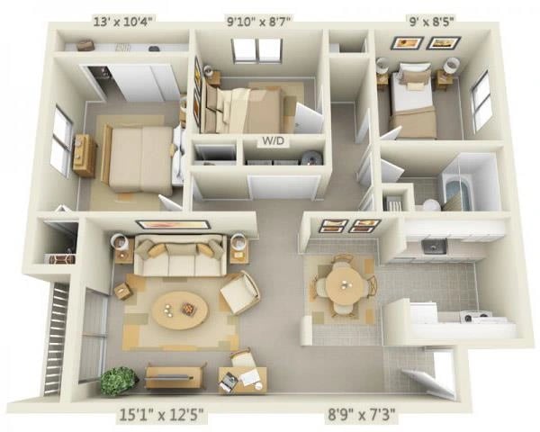 3 Bedroom 1 Bath floor plan