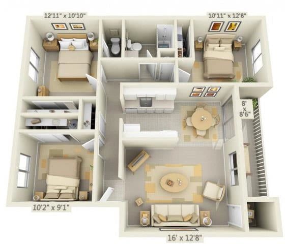 3 Bedroom 1.5 Bath floor plan