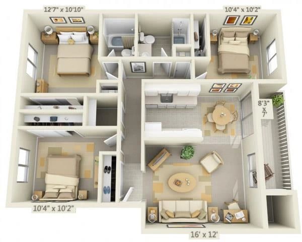 3 Bedroom 2 Bath floor plan