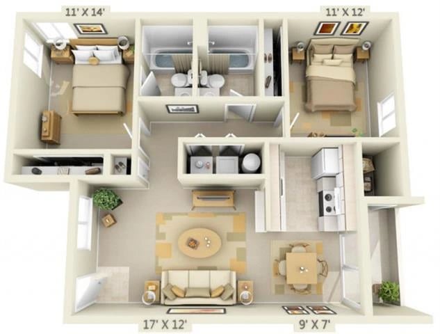 2 Bed 2 Bath floor plan