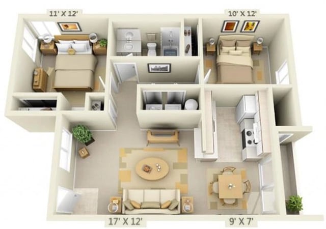 2 Bed 1 Bath floor plan