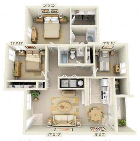 3 Bed 2 Bath floor plan