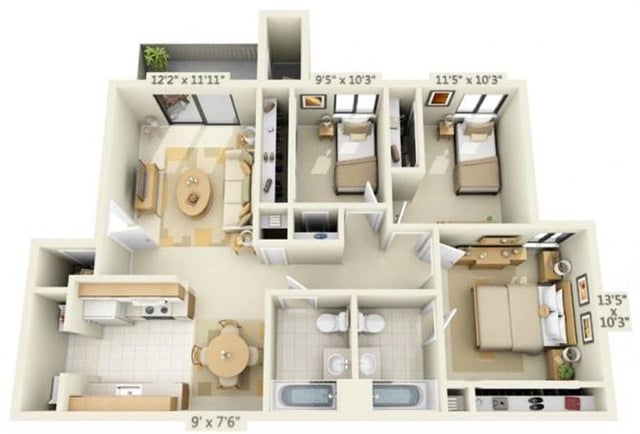 Three Bedroom Two Bath floor plan