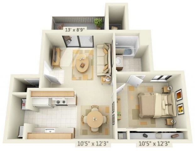 One Bedroom One Bath floor plan