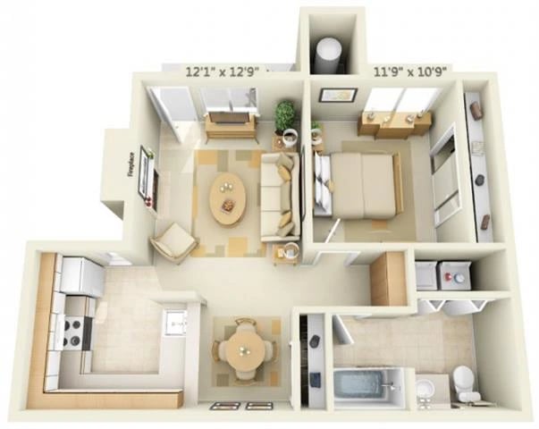 1 Bed 1 Bath floor plan
