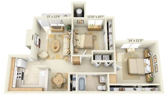 2 Bed 1 Bath floor plan
